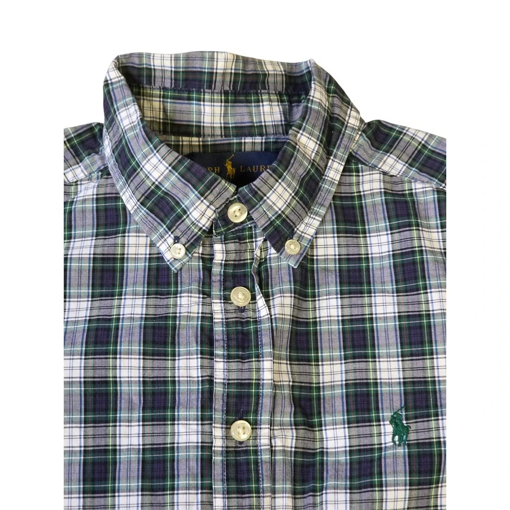 Ralph Lauren Kids Boys Plaid Button Down Shirt Navy Green White Size M 10-12